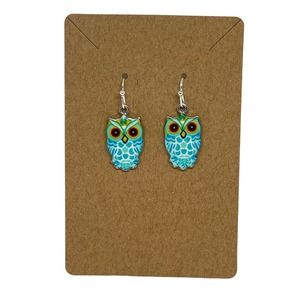 Owl Earrings Teal Dangle Resin - Hypoallergenic